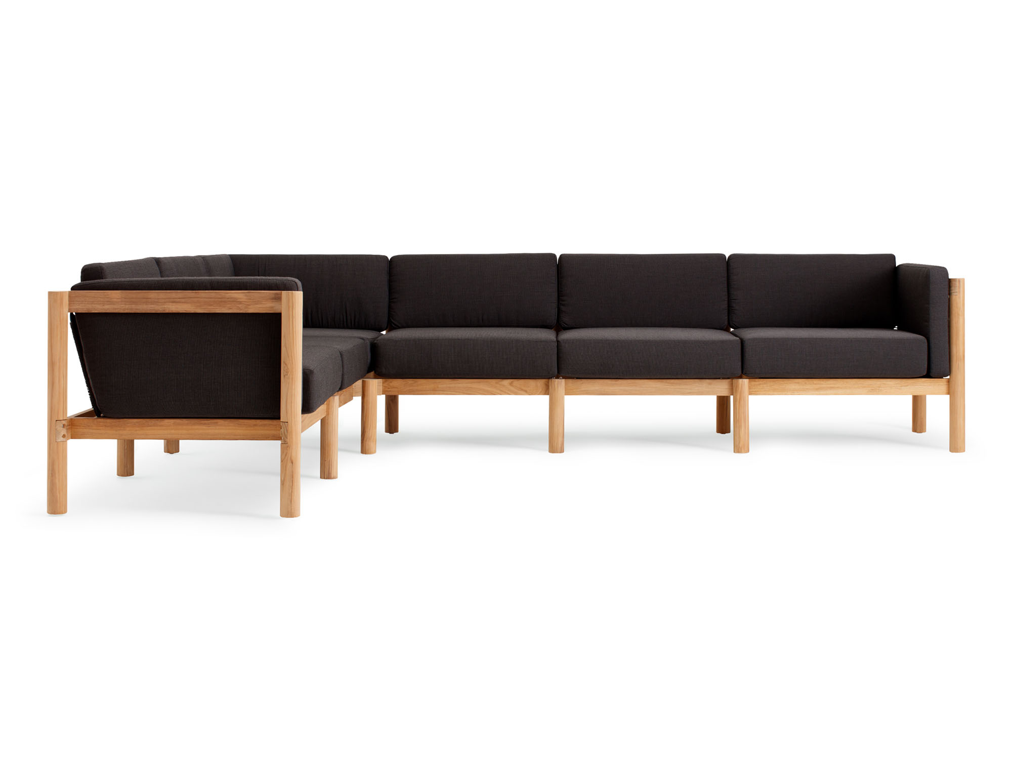 Front view of 6-piece outdoor sectional with black arm cushions